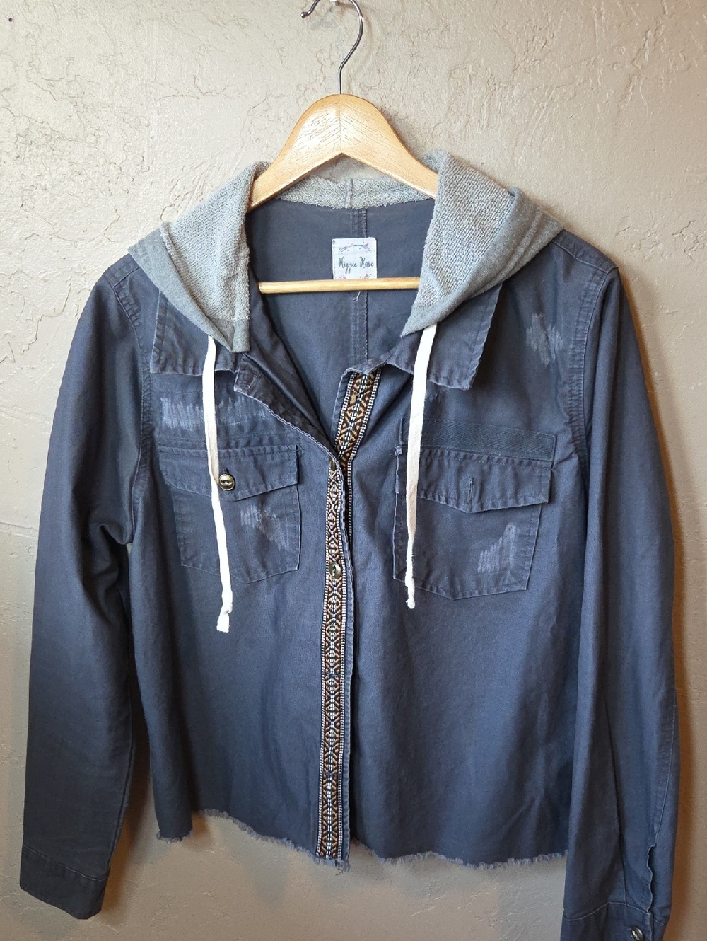 Hippie Rose Hooded Utility Jacket Boho Tribal Trim Cropped Gray Button Up
